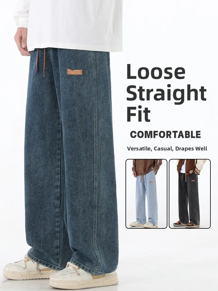 Blue ey Fce Lined Jeans Loose Straight Leg Jeans for Men Youth Casual Cotton Polyester Blend Warm Waed Jeans