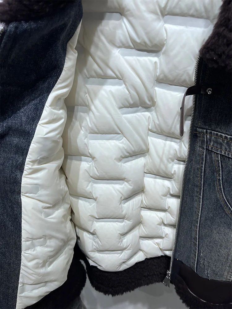 2025 Fashion Women Real Merino Sheep Fur Collar Denim Down Jacket Winter Warm Thick Luxury Clothing Parkas Female Puffer Jacket