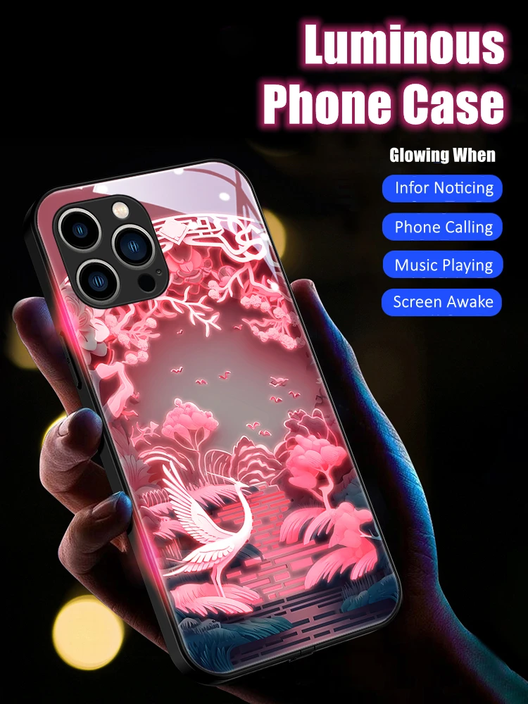 

Lucky Crane and Magpie LED Light Glowing Luminous Tempered Glass Phone Case for iPhone 11 12 13 14 15 X Xs Xr Mini Pro Max Plus