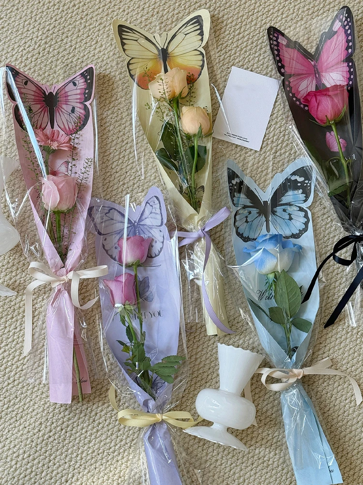 Valentine\'s Day 20pcs Butterfly Flower Wrapping Paper Card Insertion Flower Bag Transparent Single Rose Packaging Bag