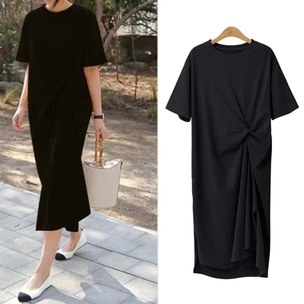 

Women Dress Pullover Short-sleeved Solid Color 1pc Casual Comfortable Korean Style Medium Elasticity Mid-length