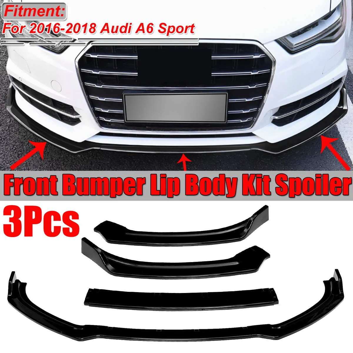 New 3PCS Gloss Black Car Front Bumper Lip Diffuser Spoiler Splitter Cover Trim For Audi A6 Sport 2016-2018