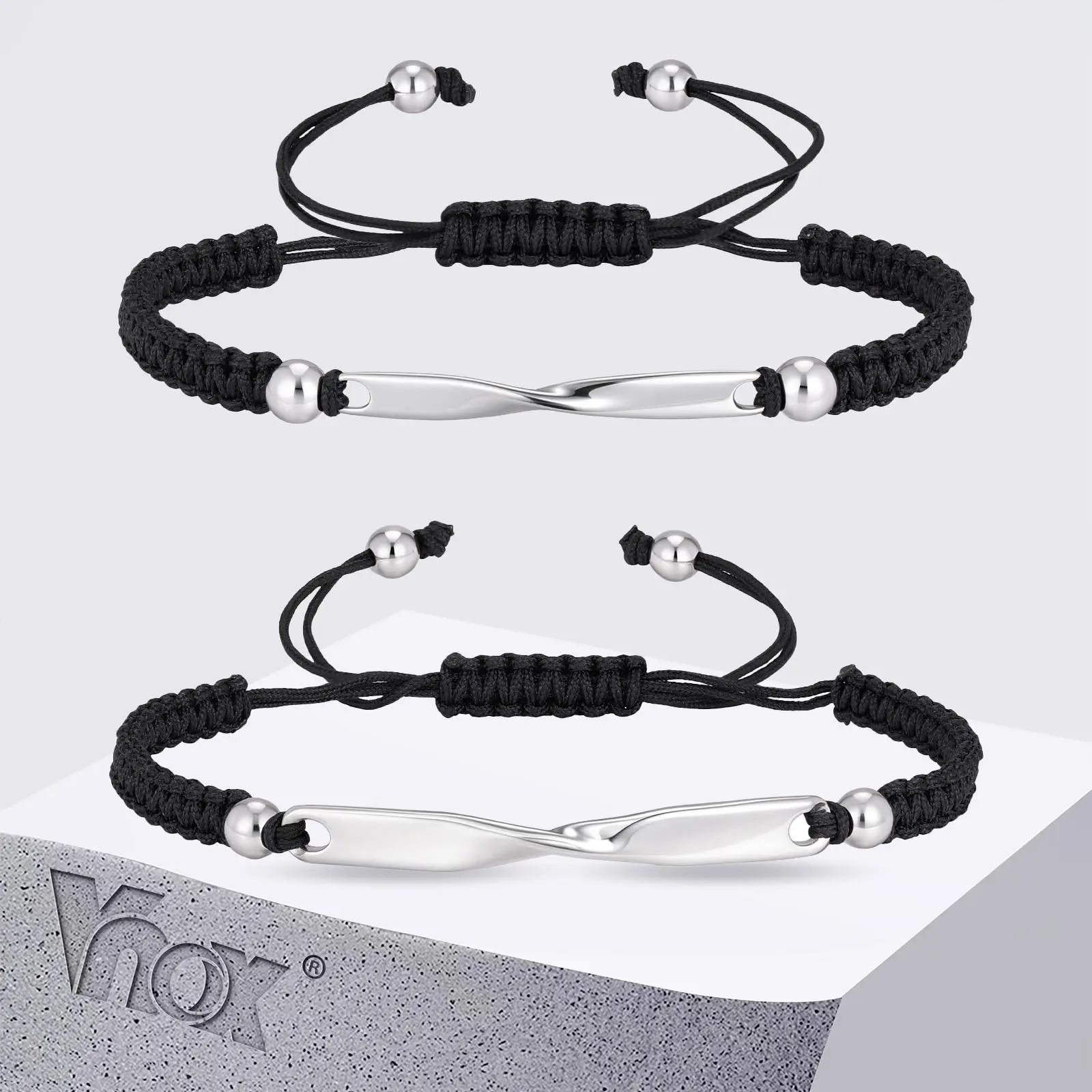 Vnox Stainless Steel Mobius Couple Bracelet, Adjustable Braided Rope Unisex Handmade Anniversary Jewelry Gift for Men Women
