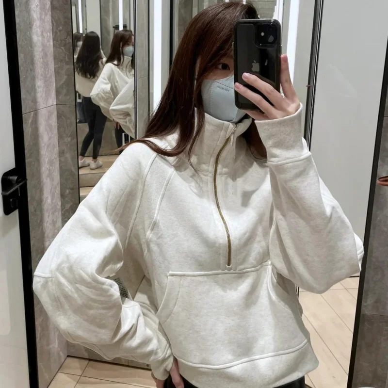 المرأة الصوف نصف البريدي الوقوف طوق البلوز شتاء دافئ فضفاض صالح قصيرة البلوز دافئ سترة عادية لينة ملابس رياضية خارجية #3