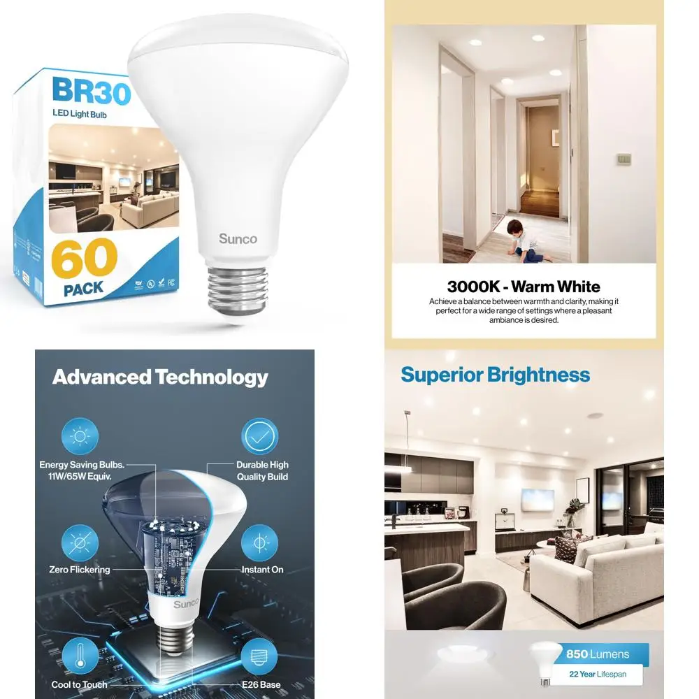 Светодиодные лампочки BR30, 60 шт., встраиваемые, для внутреннего освещения, 850 люмен, 11 Вт (эквивалент 65 Вт), теплый белый 3000 К, энергоэффективный Li