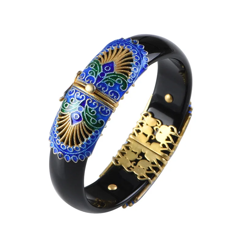 

Natural Black Agate White Chalcedony Bangles for Women Enamel Colorful 925 Silver Peacock Feather Bangle Vintage Hollow Jewelry