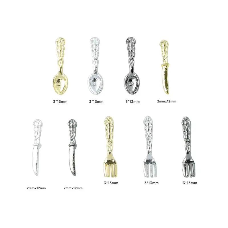 

50pcs Mini Metal Small Fork Spoon Gold Silver Nail Charms Accessories Tableware Series Manicure Parts Decor