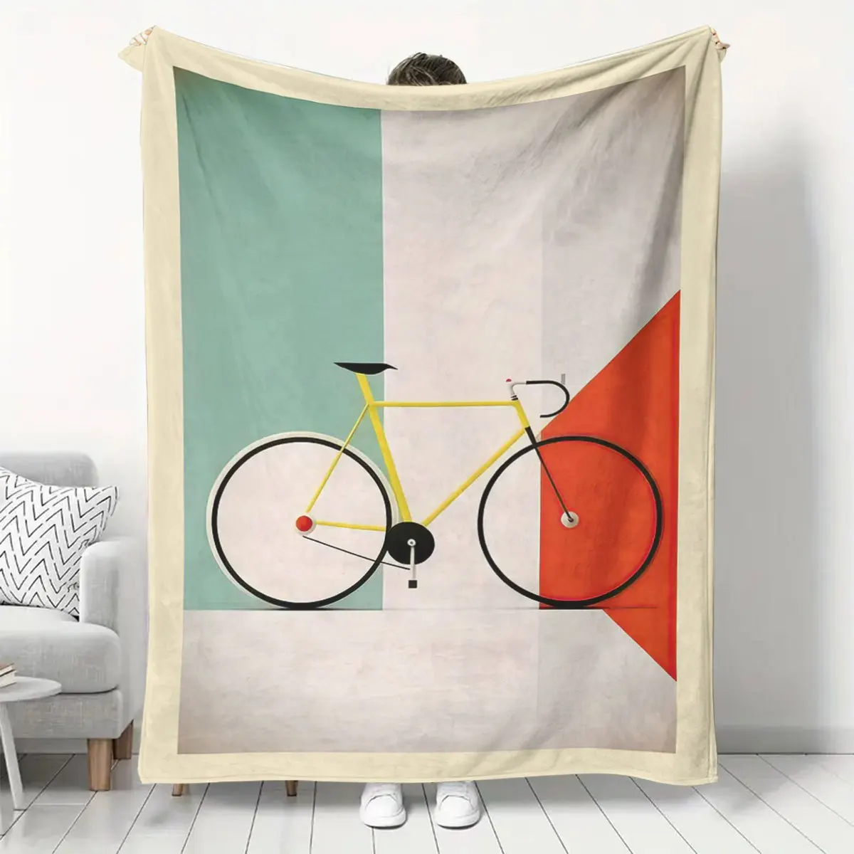 Retro Color Block Fixed Gear Bike Pattern Flannel Blanket Warm Cozy Plush Bed Throw for Couch Travel All‑Season Abstract Art