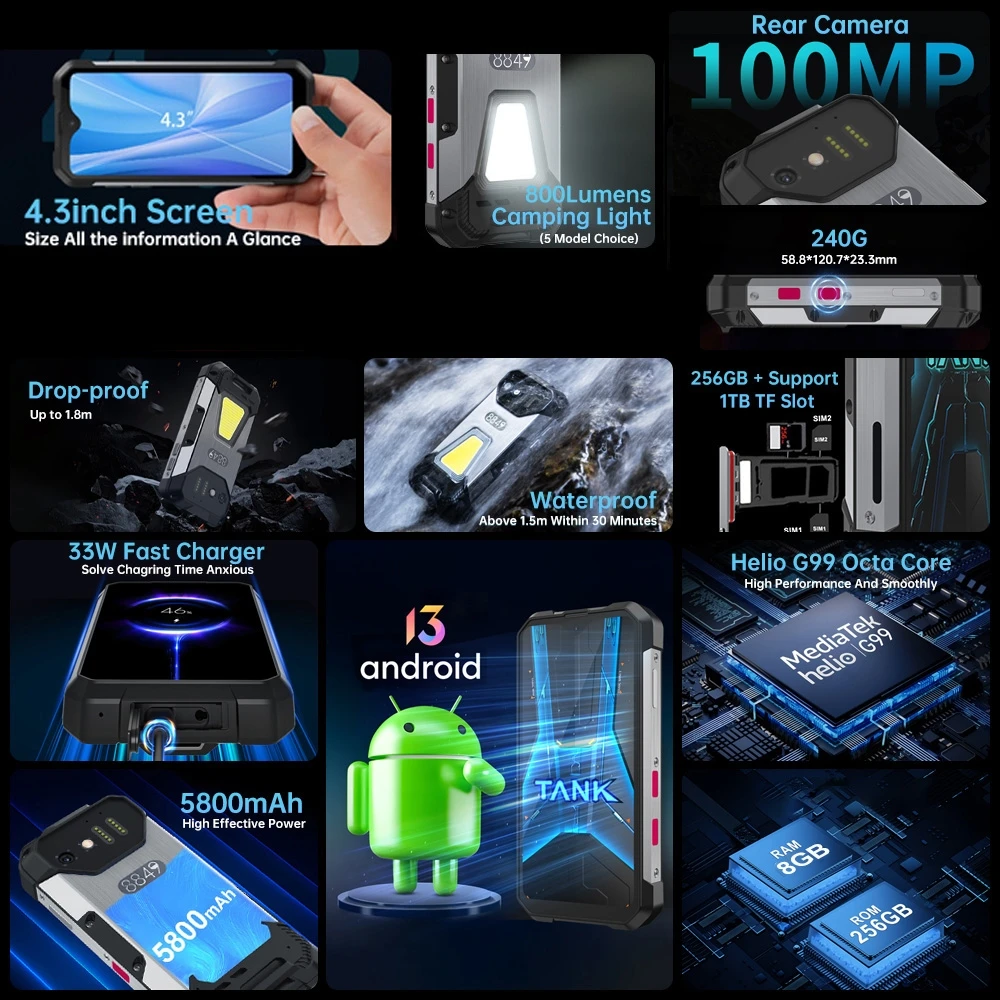 Unihertz Tank Mini teléfono resistente 8GB + 256GB versión de visión nocturna cámara de 100MP 5800mAh 4,3 ''Android13 Helio G99 Octa 4G Smartphone