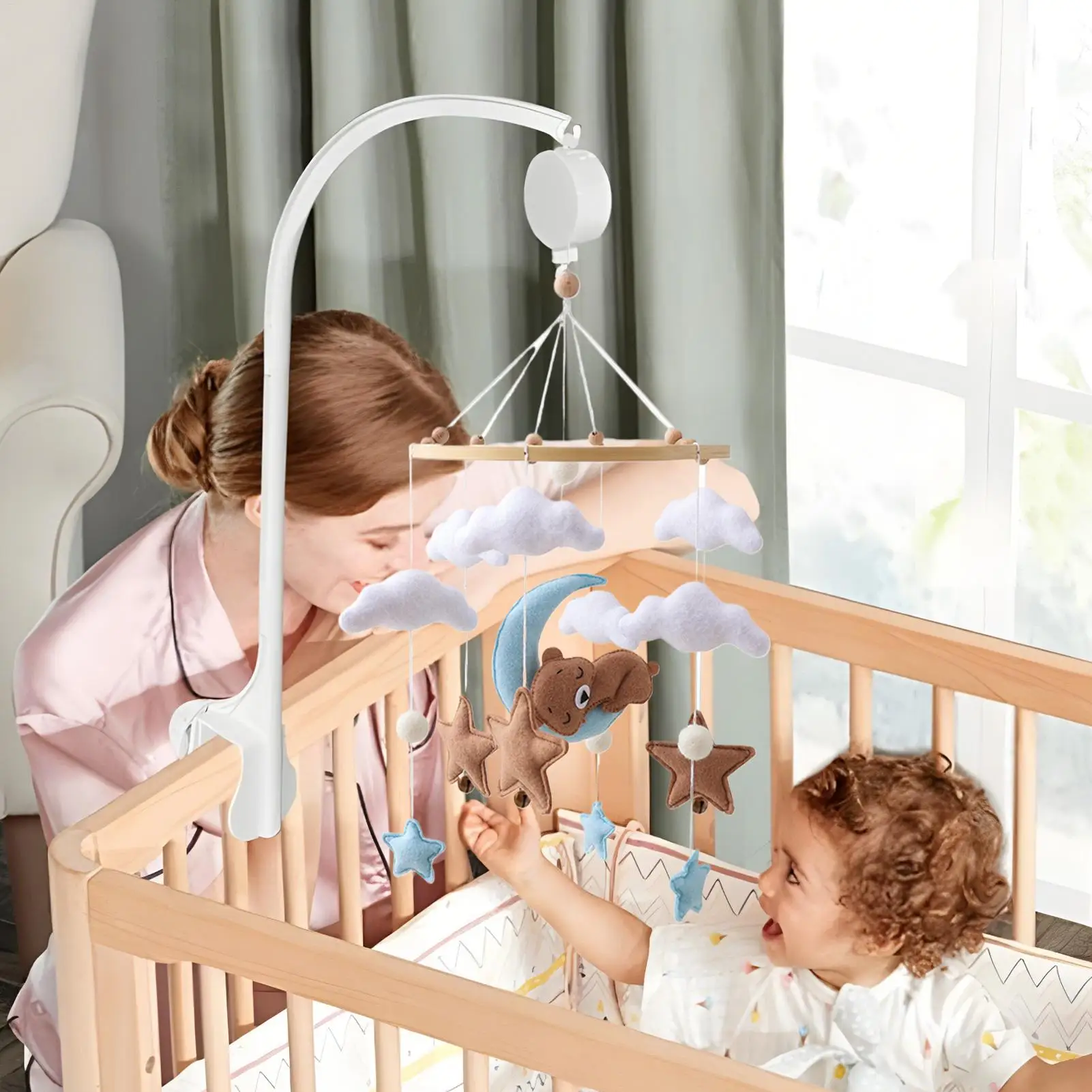 Mobile per bambini in legno 0-12 mesi sonaglio giocattoli sul letto neonati mobile per culla con carillon letto campana giocattoli appesi staffa per culla