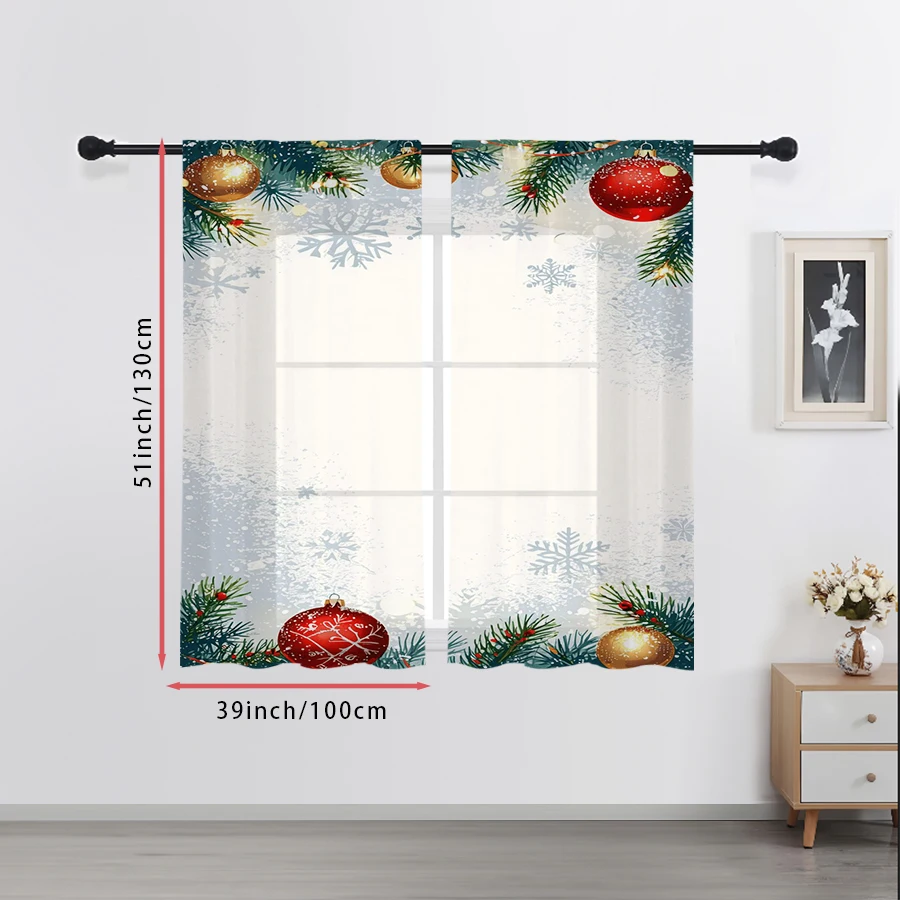 2PCS Sheer Curtains Christmas Pine Gold Red Ball Snowflake Print, Window Voile Panels for Bedroom Living Room Xmas Home Decor