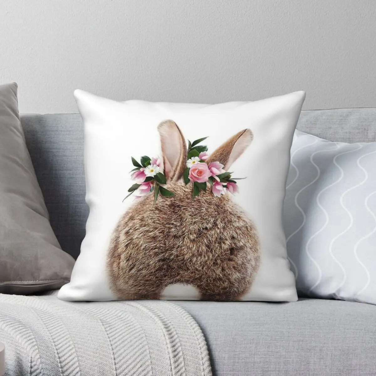 Bunny Tail With Flower Crown Square Pillowcase Polyester Linen Velvet Printed Zip Decor Throw Pillow Case Sofa Cushion Case