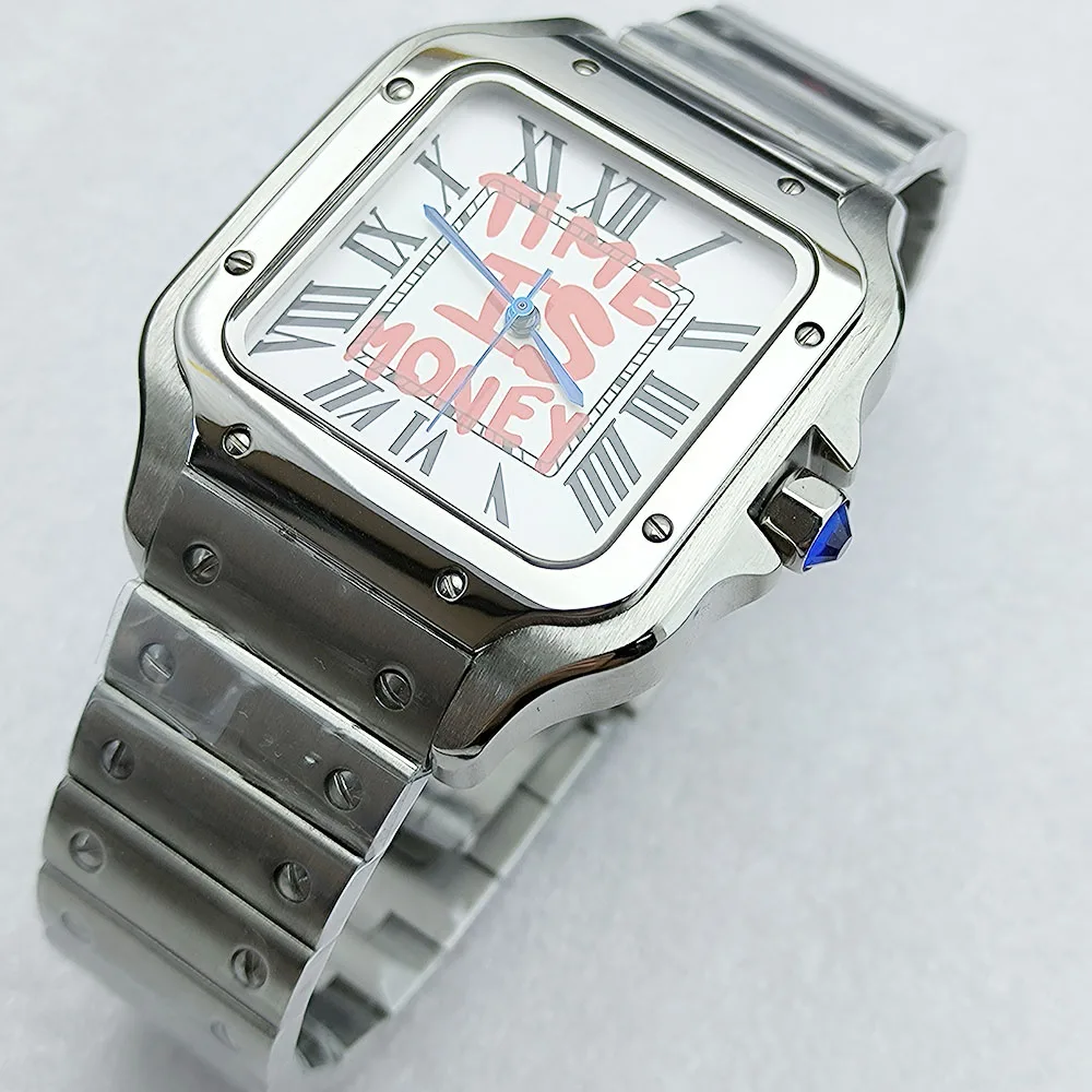 นาฬิกาข้อมือผู้ชาย New NH35 รุ่น Time is Money หน้าปัดทรงสี่เหลี่ยมแบบโรมัน ขนาด 38 มม. ตัวเรือนสแตนเลส นาฬิกา Santos กลไก NH35