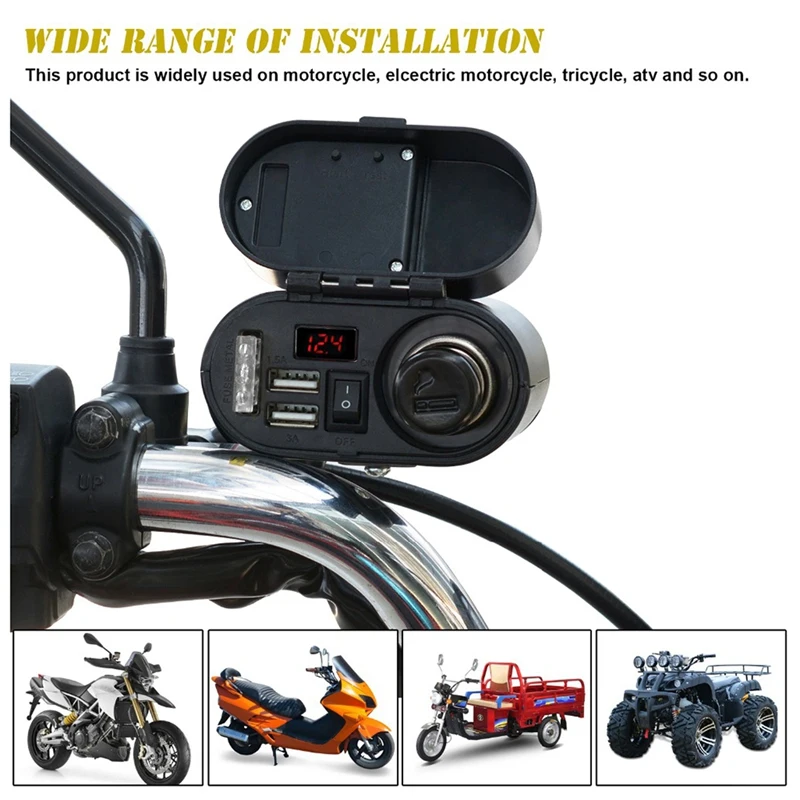 

Motorcycle Dual USB Charger With Cigarette- Lighter Socket Car USB Charger With Voltage Display With Clock