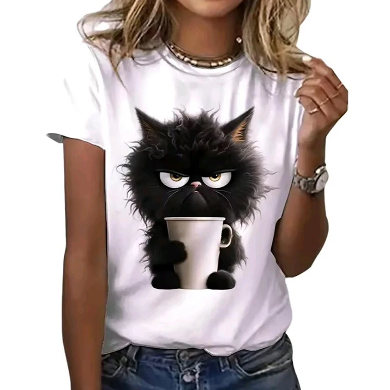 

Funny Cat Women Summer White Print T-shirt Girl Casual Short Sleeve 2000S O Neck Top For Female Animal Clothing 2YK