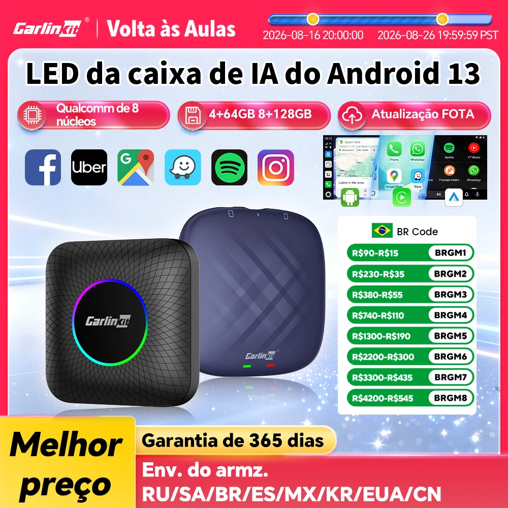 2026 CarlinKit CarPlay AI Box Android 13 SM6225 QCM6125 8 núcleos Android Auto Adaptador CarPlay sem fio WiFi 4GLTE Connect GPS 64G 128G Atualização FOTA para carros CarPlay com fio