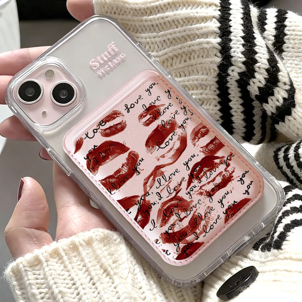 

Lip Print Leather Card Wallet Cover Phone Card Holder For Magnetic Case Suitable For all iPhone for Magsafe Card phone Back Bag