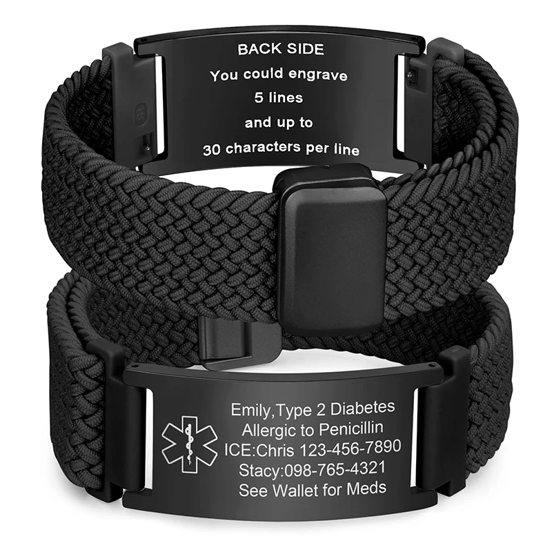 

Personalized Medical Alert Id Bracelet for Men Women Custom Engraving Elastic Braided Loop Emergency Survival Medic Bracelets