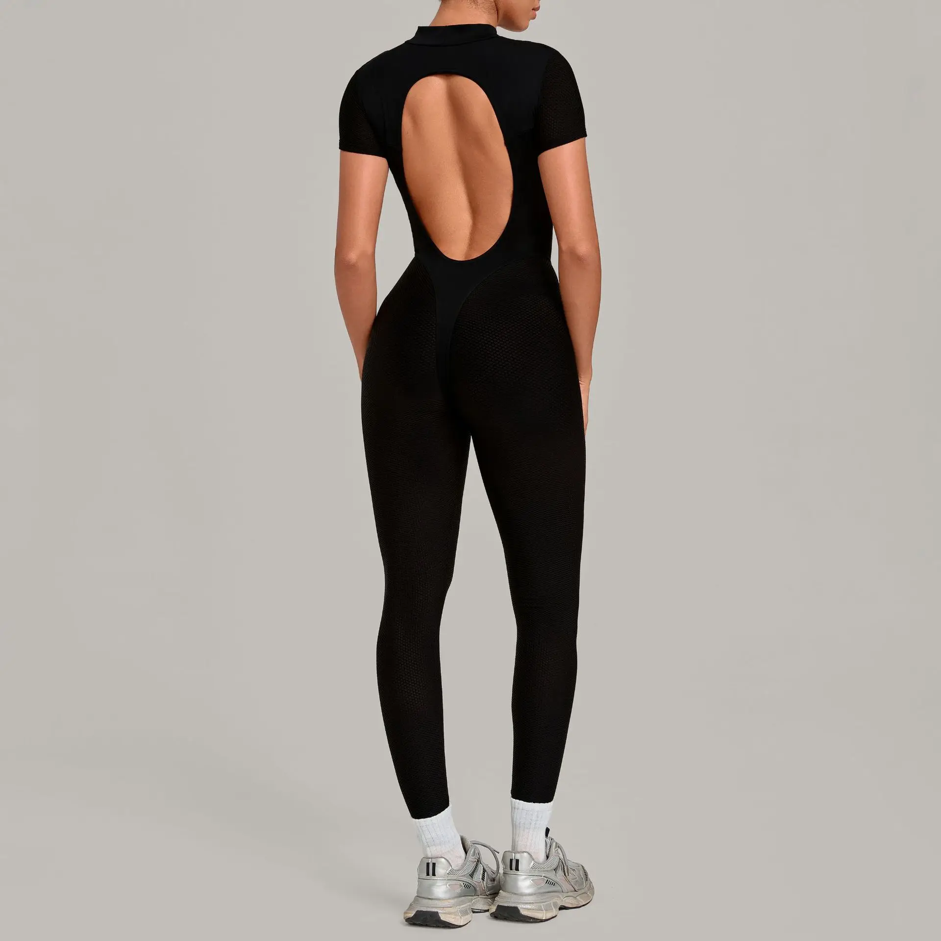 One Piece Yoga Set Women High Neck Short Sleeve Ribbed Bodysuit High Elastic Breathable Butt-lift Gym Workout Jumpsuit Plus Size
