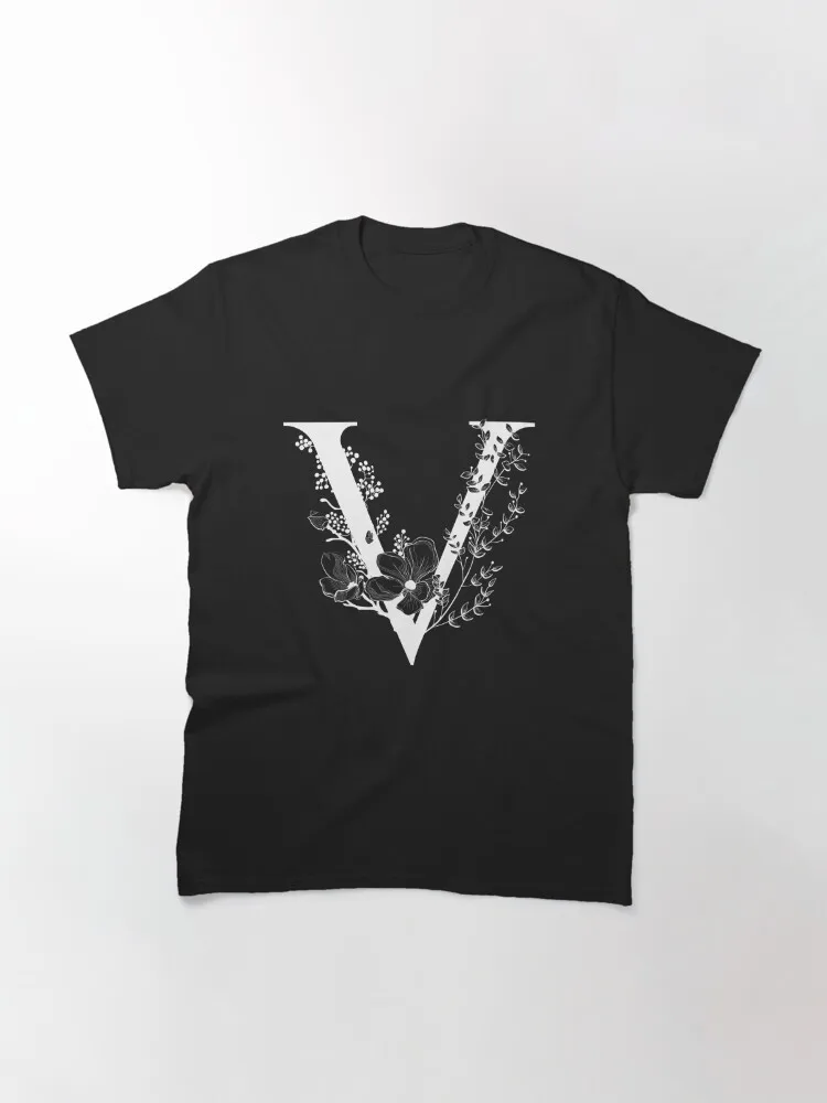 Letter V Monogram - Floral Initial Classic T-Shirt Printing Top Casual Hip Hop