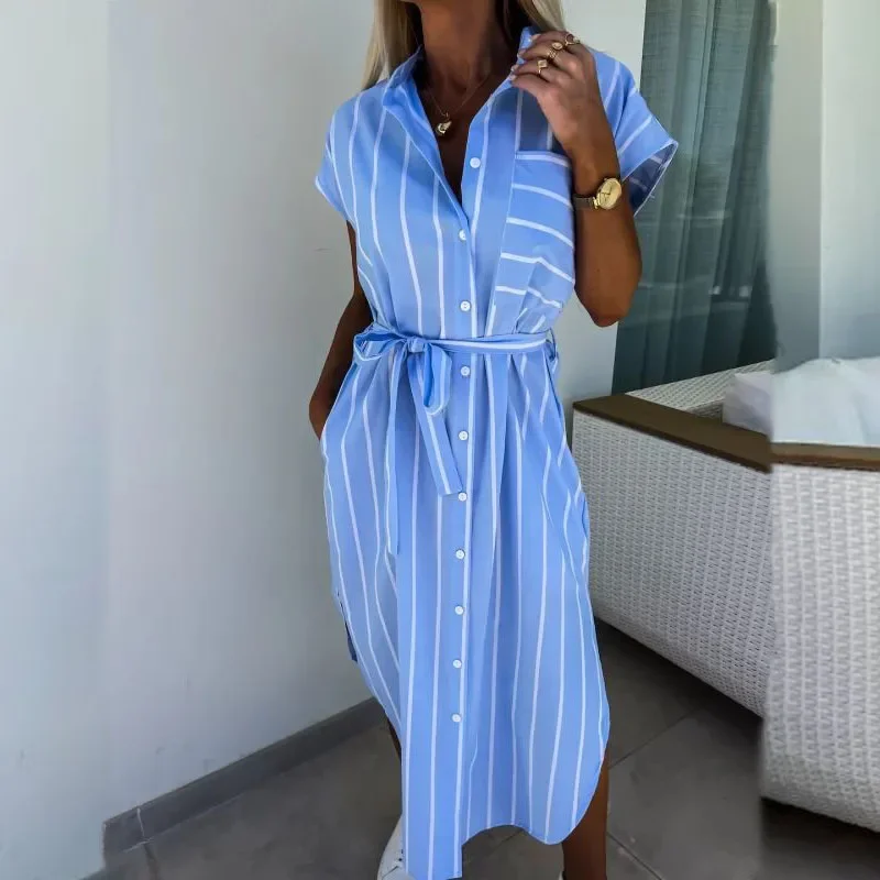 Office Lady Lapel Short Sleeved Shirt Dress Fashion Striped Printed Single Breasted Party Dress Casual Summer Lace Up Long Dress