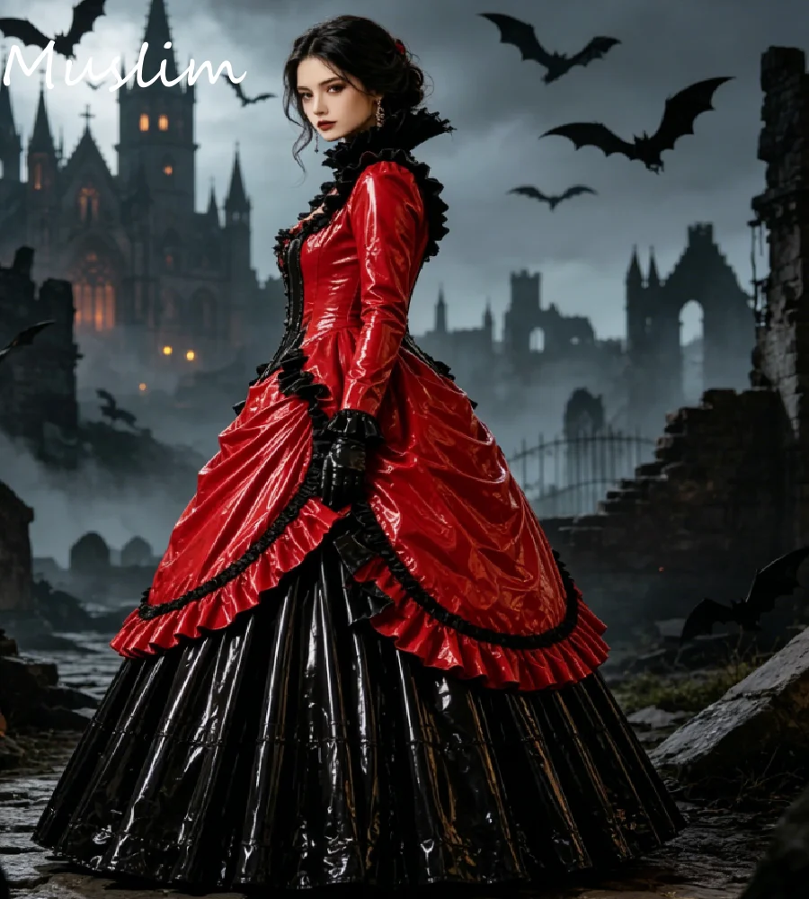 Red Black Gothic Victorian Prom Dress 2026 Ball Gown Patent Leather Vampire Costume Evening Gowns Halloween Medieval Formal Wear