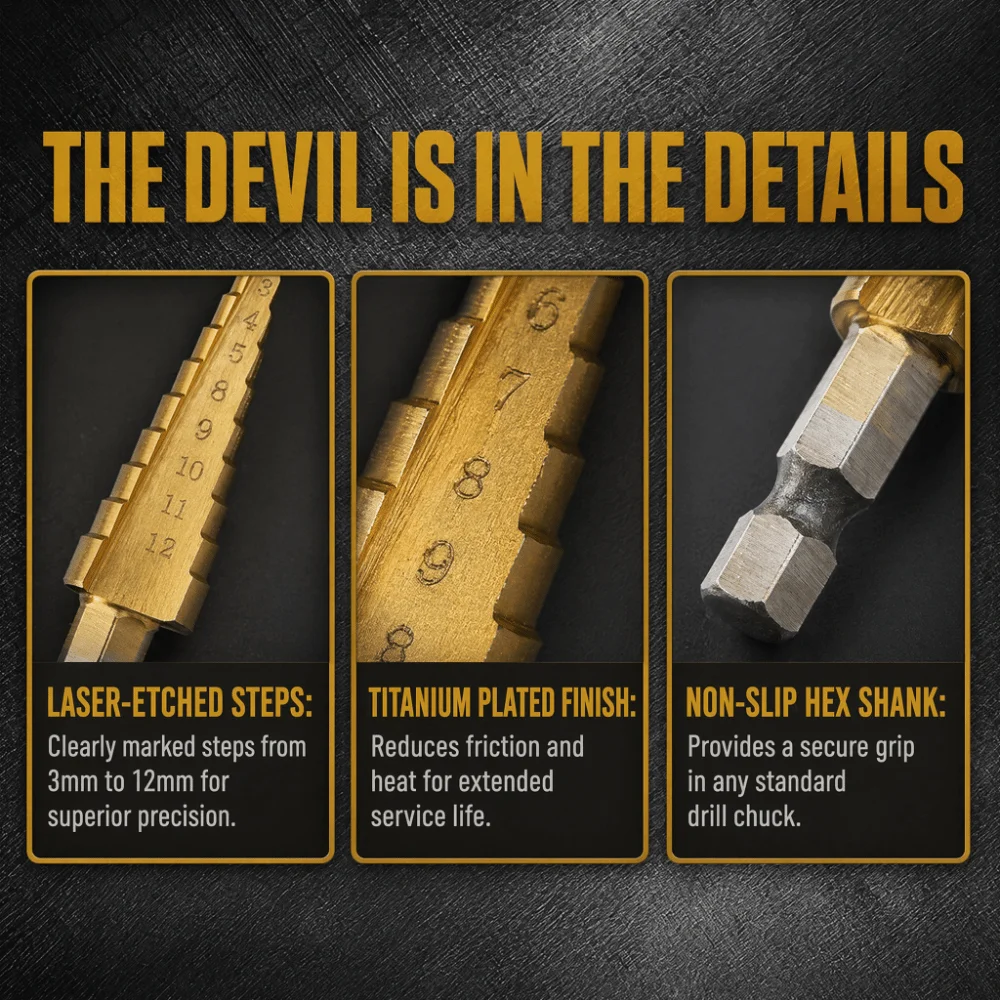 Hex Shank Step Cone Drill Bit Titanium Plating 3-12mm Size Range High Speed Steel Drill Aluminum Case HSS 4241