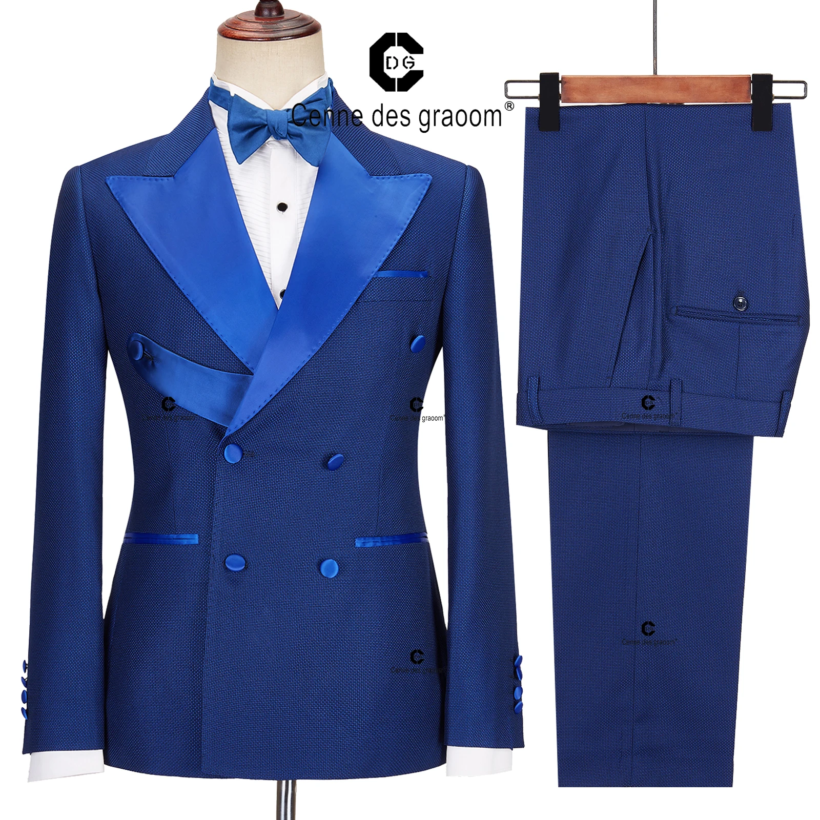 Cenne Des Graoom 2022 New Men Suits Double Breasted Tailor-Made Peak Lapel Royal Blue 2 Pieces Blazers Pants Groom Wedding Party