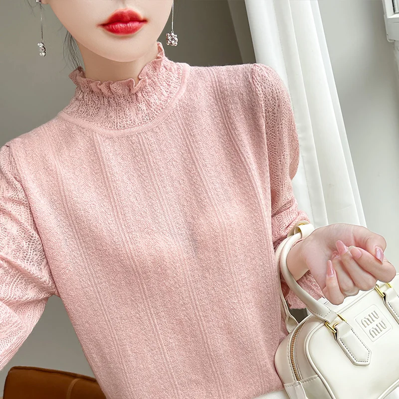 

Long Sleeved Knitted Sweater Women's New 2024 Lace Huaxing Fashion Versatile Wool Sweater Elegant Date Top