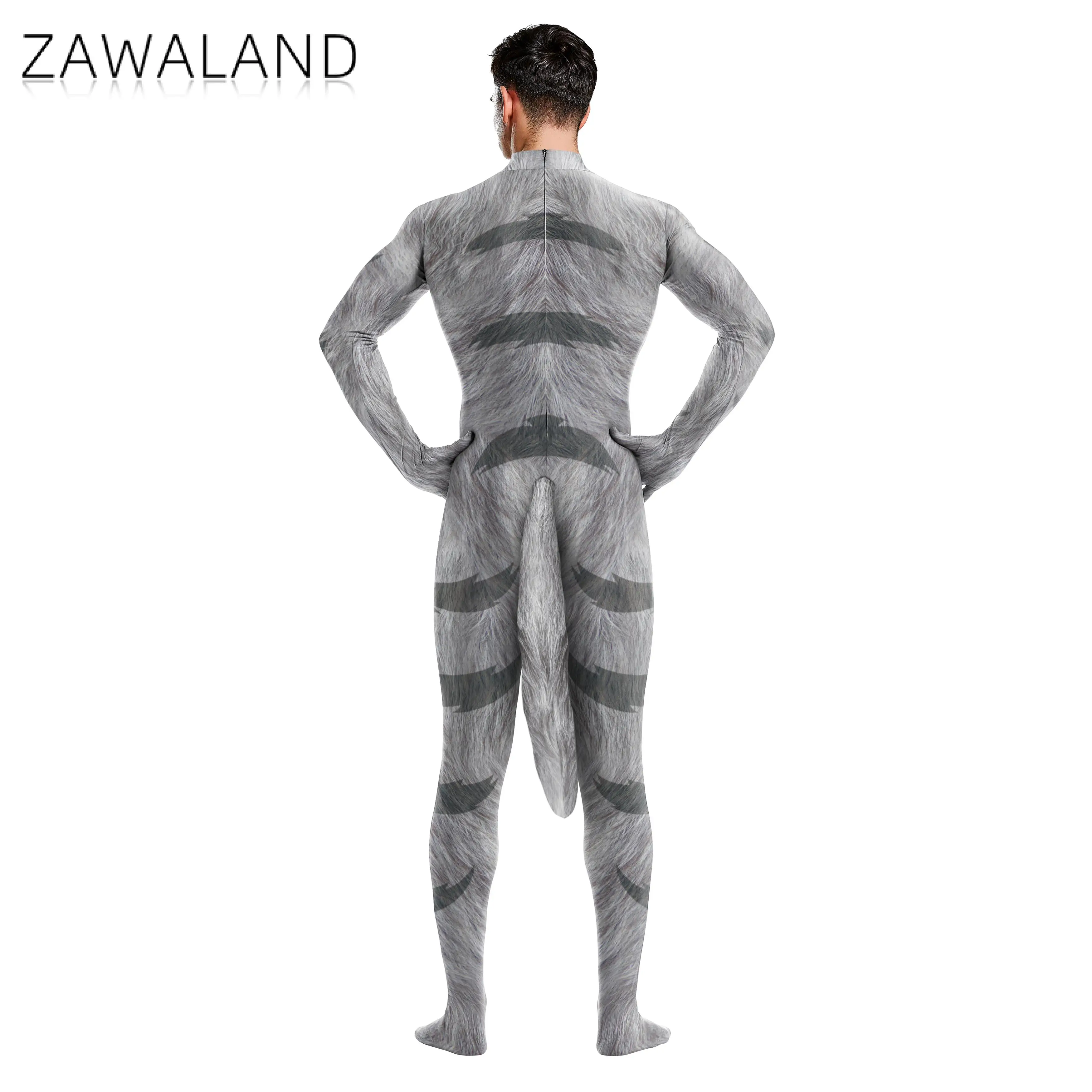 Zawaland 3D Texture พิมพ์สัตว์คอสเพลย์ผู้ชายบอดี้สูทหางเป้าซิปผู้หญิง Jumpsuits Catsuit ชุด Zentai