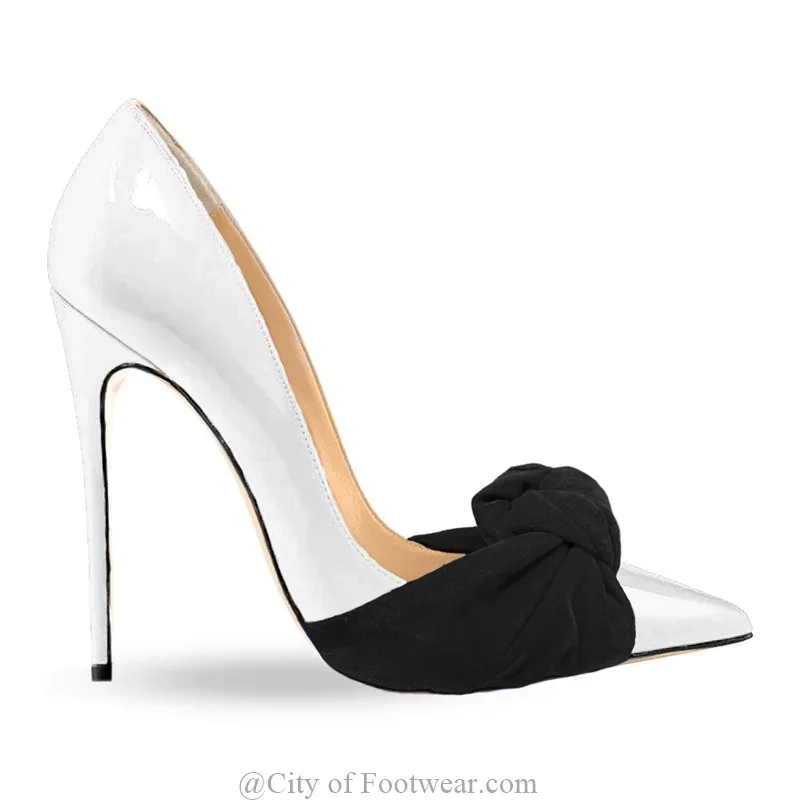 Escarpins en cuir verni et daim avec nœud pour femmes, chaussures à bout pointu, talons hauts fins, robe de soirée et de bureau, élégantes, grande taille, 2025