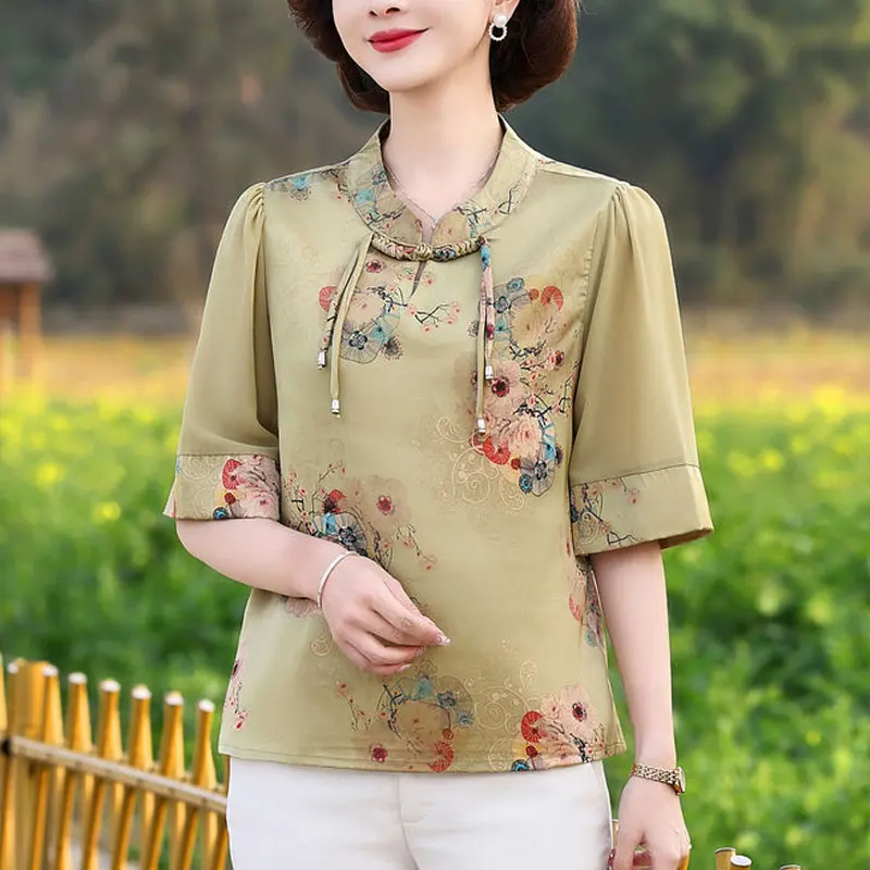 Stylish Stand Collar Loose Blouse 2024 Summer Vintage Floral Printed Women\'s Clothing Folk Chinese Disc Buckle Half Sleeve Shirt