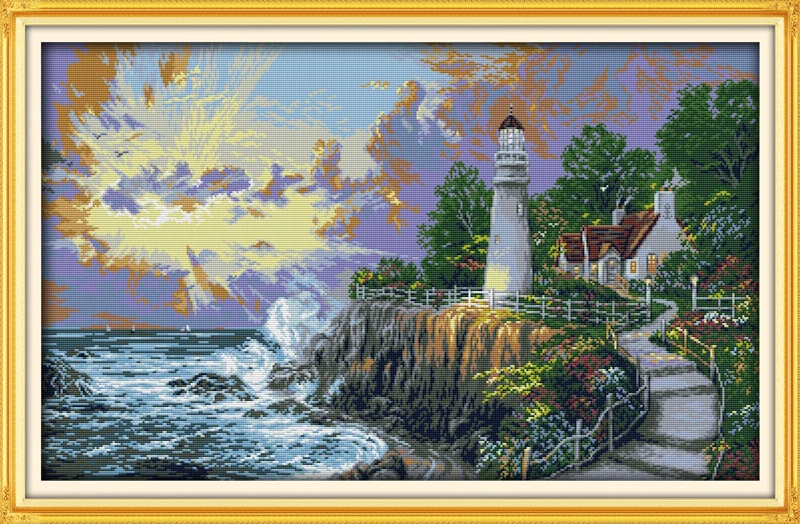 Lighthouse (4) cross stitch kit sea side 14ct count printed canvas 11ct fabric x stitching embroidery DIY handmade needlework