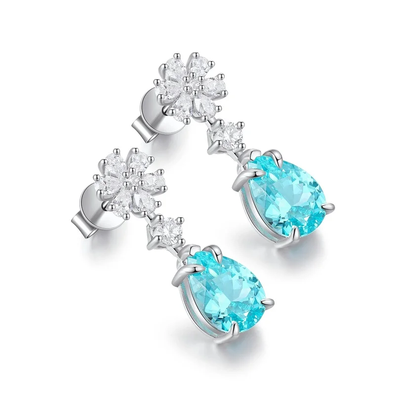 925 Sterling Silver Lab Grown Paraiba Simulated Zircon Pear Cut 6 Carat Stud Earrings for Women Elegant Gift Jewelry