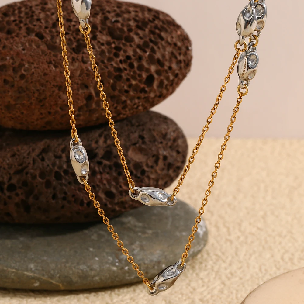 E.B.belle Mix Color Double Layers Beads Chain Necklace Stainless Steel 18K Gold Waterproof Jewelry For Women Party