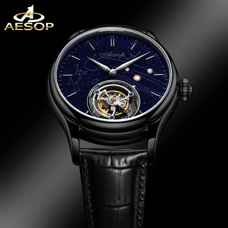 Aesop 7025 jam tangan mekanis Pria Dial batu pasir biru modis safir kulit baja tahan karat gerakan Tourbillon terbang Manual