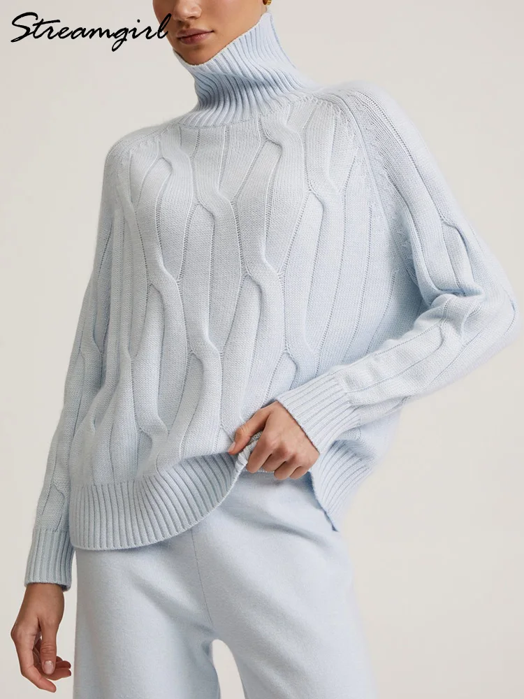 Damskie swetry z golfem ponadgabarytowe 2024 zimowe jasnoniebieskie swetry jednolite, luźne swetry w stylu vintage damskie damskie zimowe topy