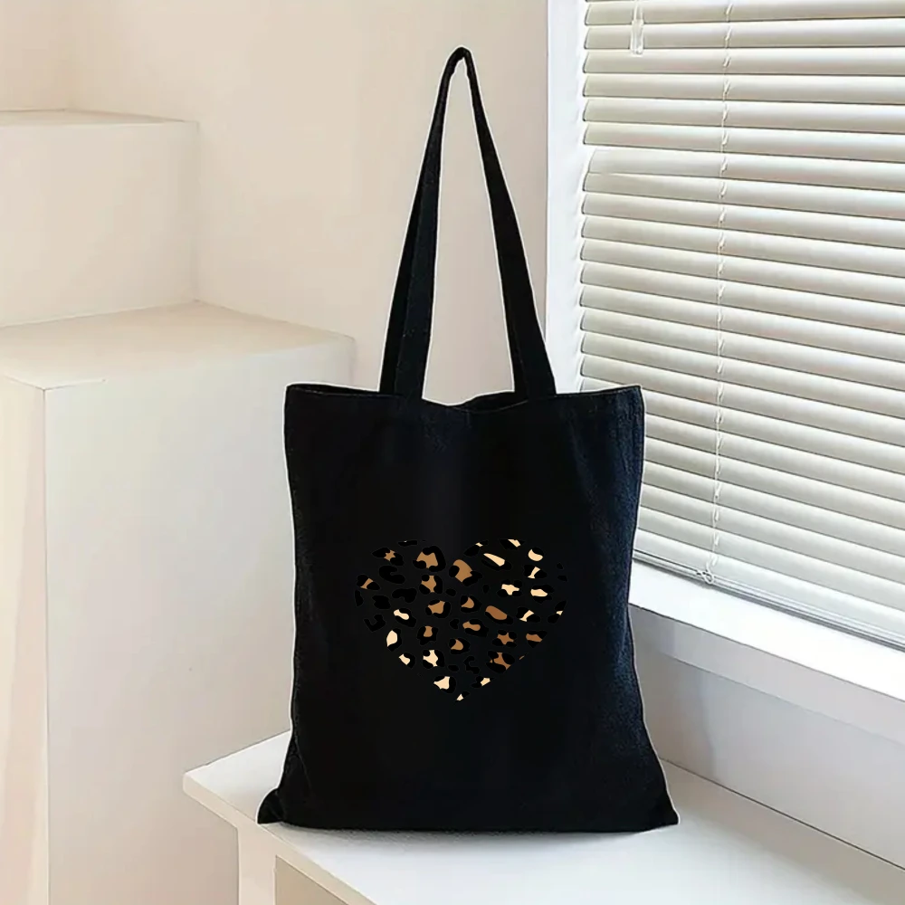 Leopard Print Heart Canvas Tote Bag, Stylish Animal Print Shoulder Bag for Fashion Lovers and Trendy Outfits - view 4