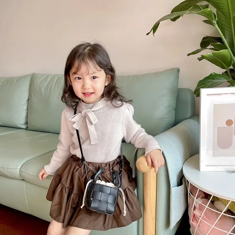 Children Shoulder Bag Korean Style Bucket Bag Retro Girls Crossbody Bag Casual Simple Solid Color Fashionable Mini Bag