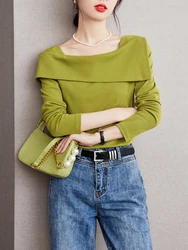 Autumn New French Square Neck Tops Temperament Versatile Long Sleeved T-shirt Women Sexy Solid Color Slim Fit Top