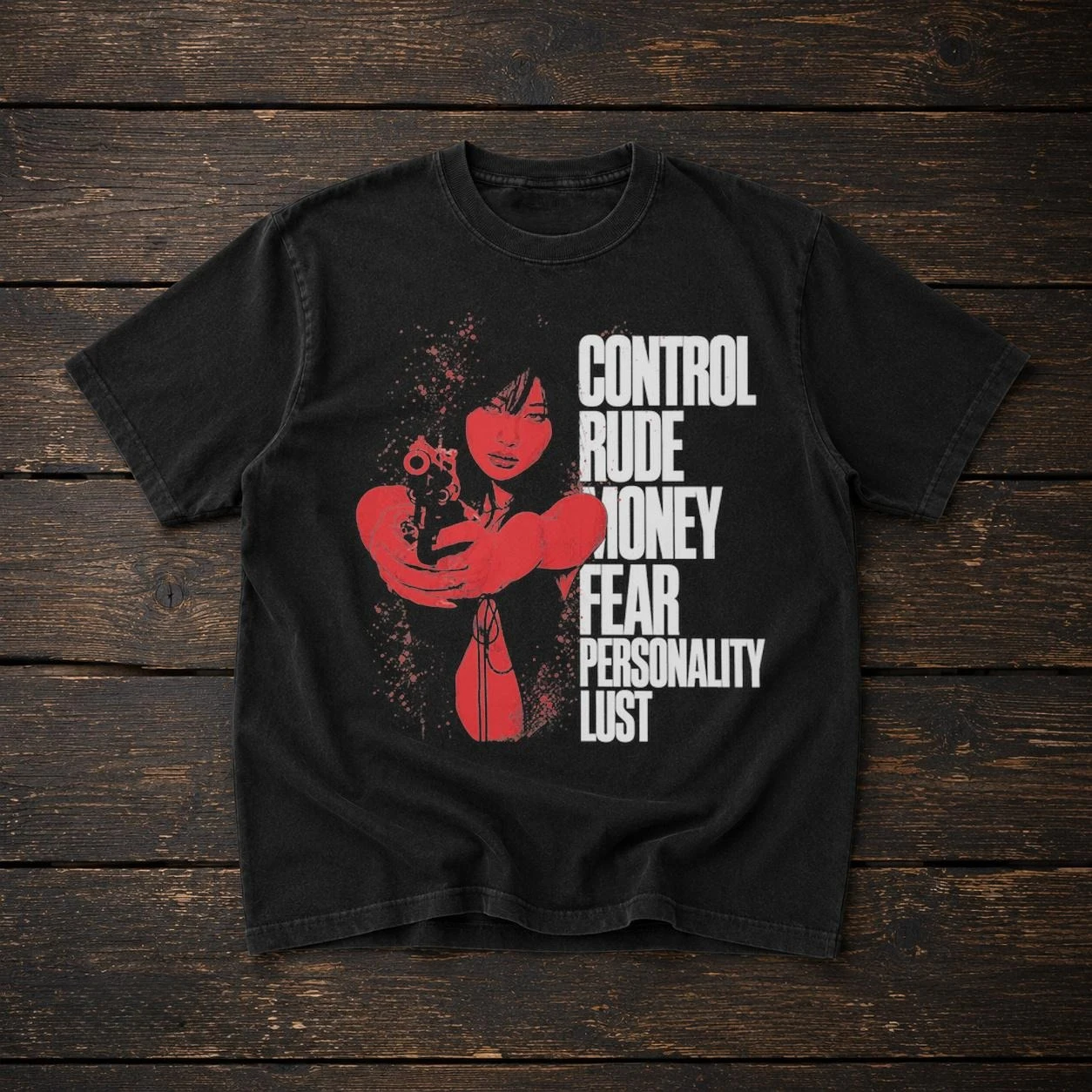 Control Rude Money Slogan Retro Girl Holding Gun Vintage Band Graphic Tee Cotton Mens Womens T-Shirt Summer Streetwear