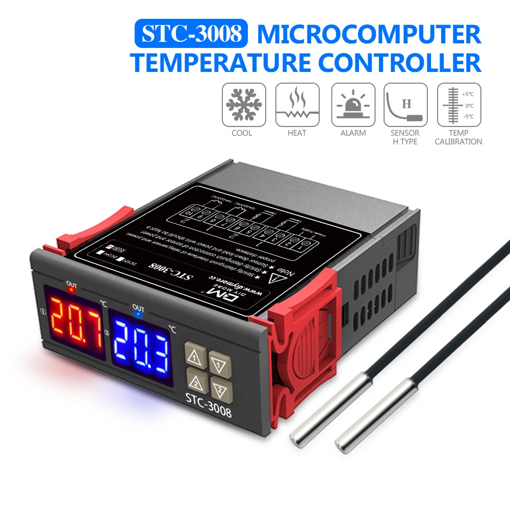 Dupla Digital Controlador de Temperatura Dois Relé Saída dc 12v 24v ac 220v Termorregulador Termostato com Aquecedor Térmico Stc3008