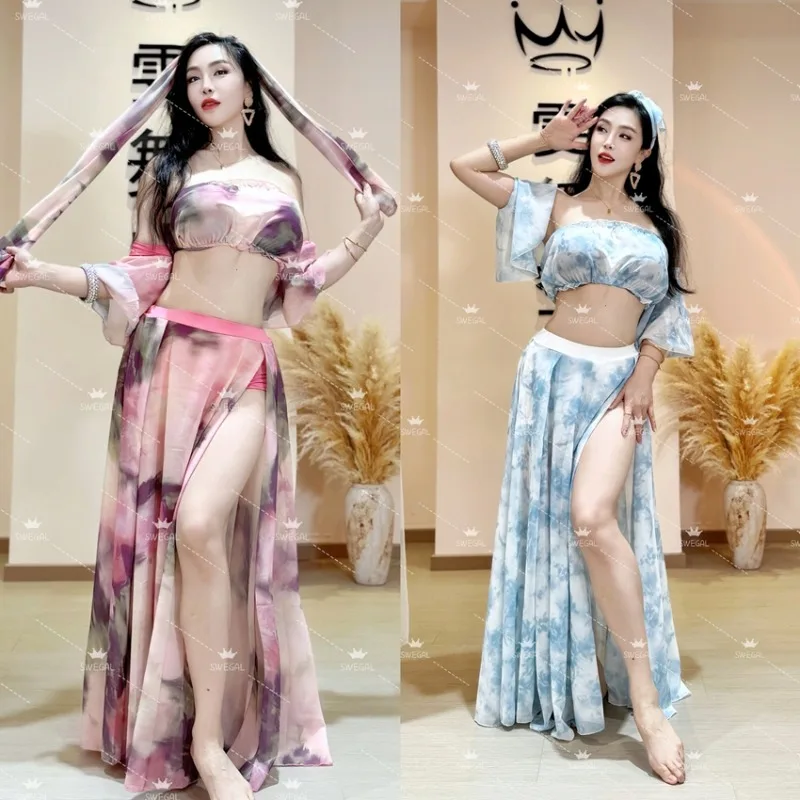 

Одежда для танца живота по индивидуальному заказу, тренировочный наряд, костюм для восточного танца, дворец, танцевальная шифоновая большая юбка с принтом, комплект для танца живота