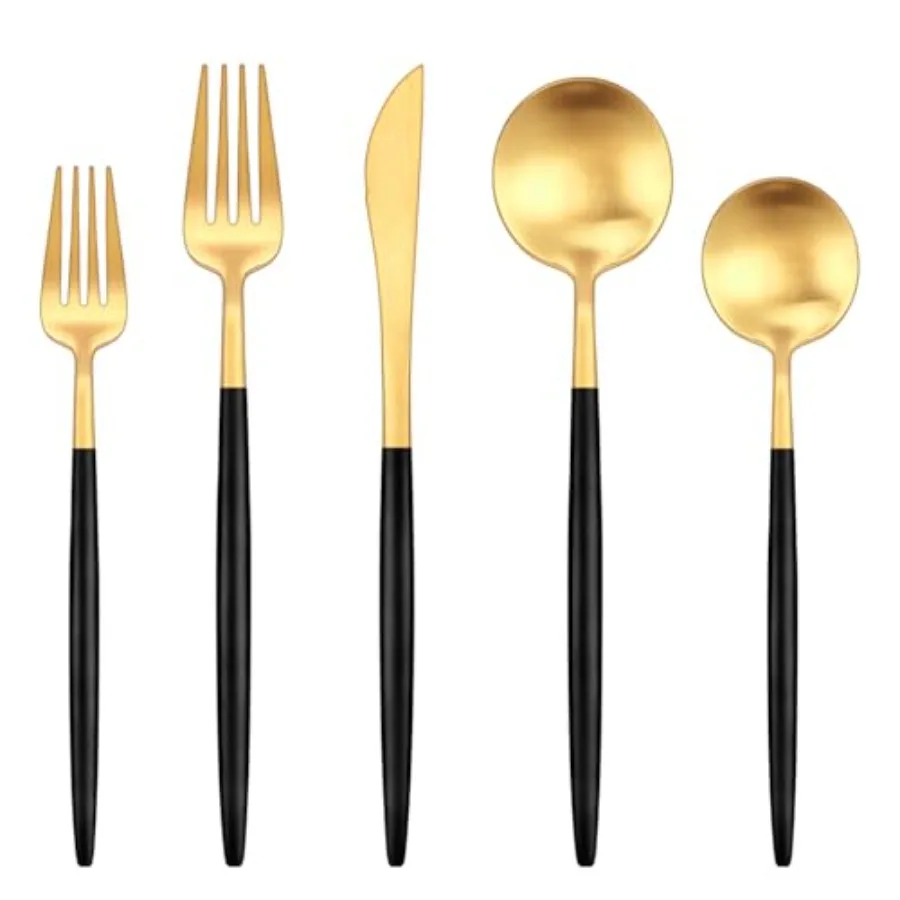

Набор столовых приборов из 30 предметов, черно-золотой, матовый, на 6 персон, с ножами, вилками, ложками, из пищевой нержавеющей стали