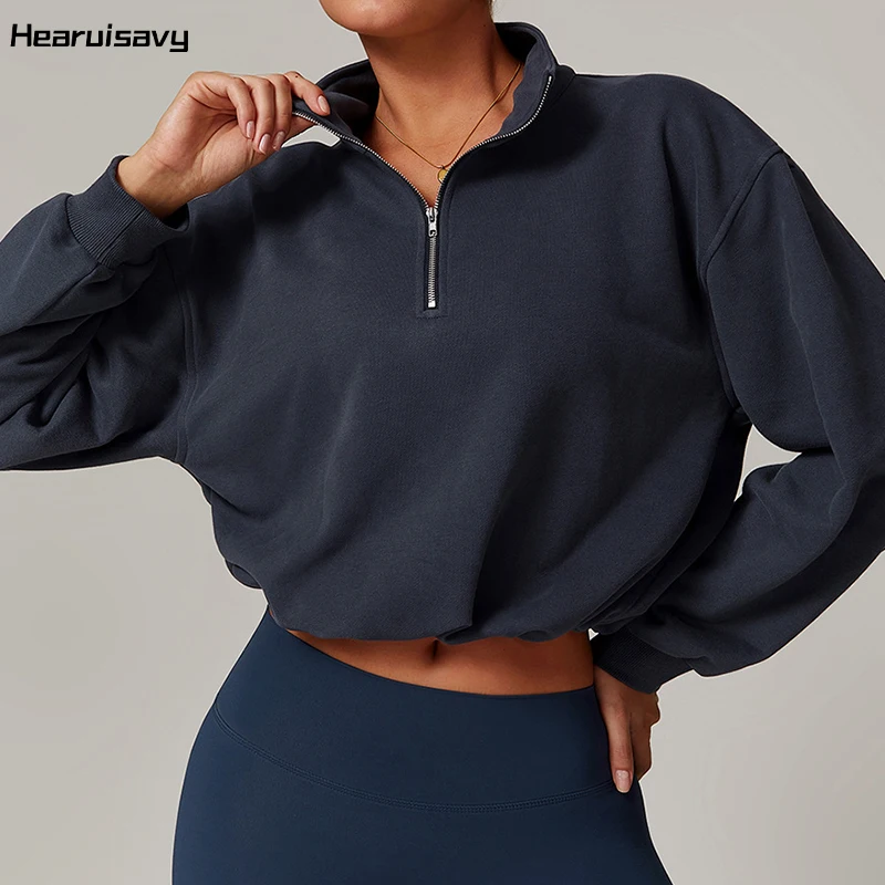 Hearuisavy Winter Outdoor High Collar Sweatshirt Running Long-sleeved Coat Women Warm Half Zip Sports Jacket Fitness Top Women