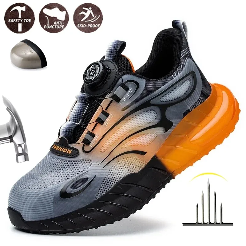 

Steel Toe Rotating Button Safety Shoes Men, Anti-Puncture Anti-Smash Non Slip Industrial Work Boots Lightweight Protective Shoes