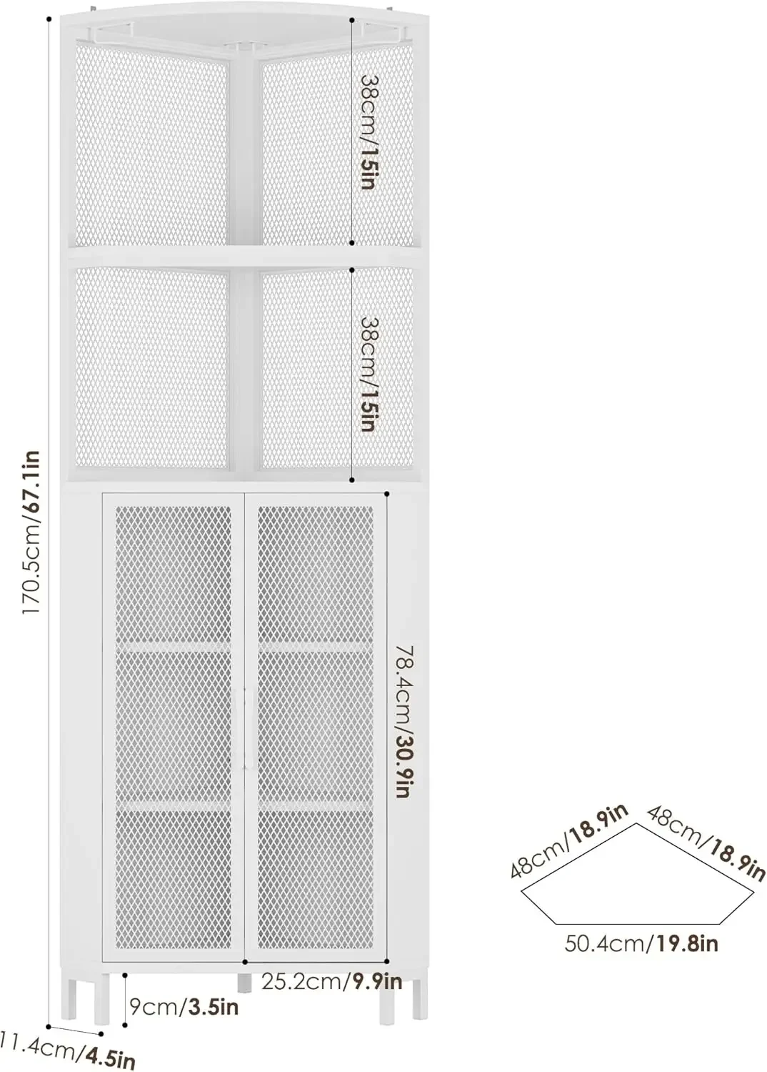 Tall Corner Shelf with Doors, White Corner Cabinet, Modern Display Shelves Free Standing Storage Rack for Living Room