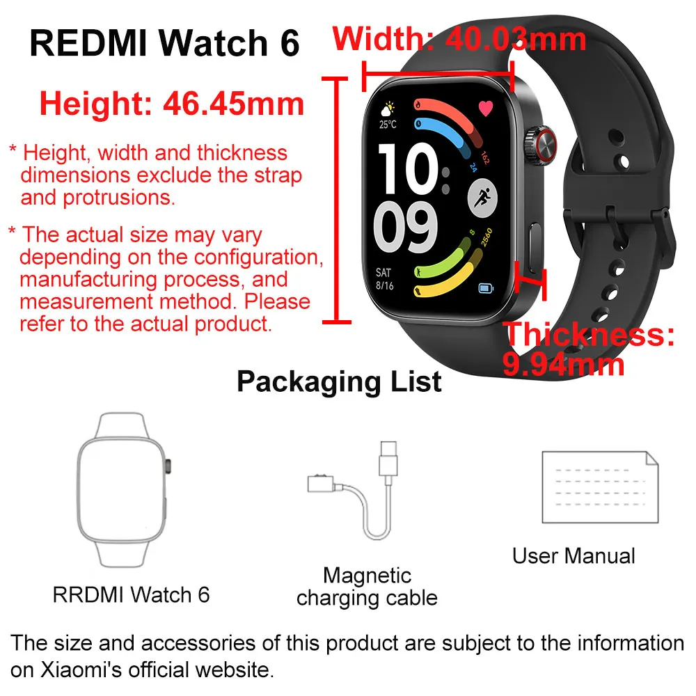 Nuevo Reloj Inteligente Xiaomi REDMI Watch 6, Pantalla AMOLED de 2.07 Pulgadas, Monitoreo de Frecuencia Cardíaca y Oxígeno en Sangre Durante Todo el Día, Batería de Larga Duración 9