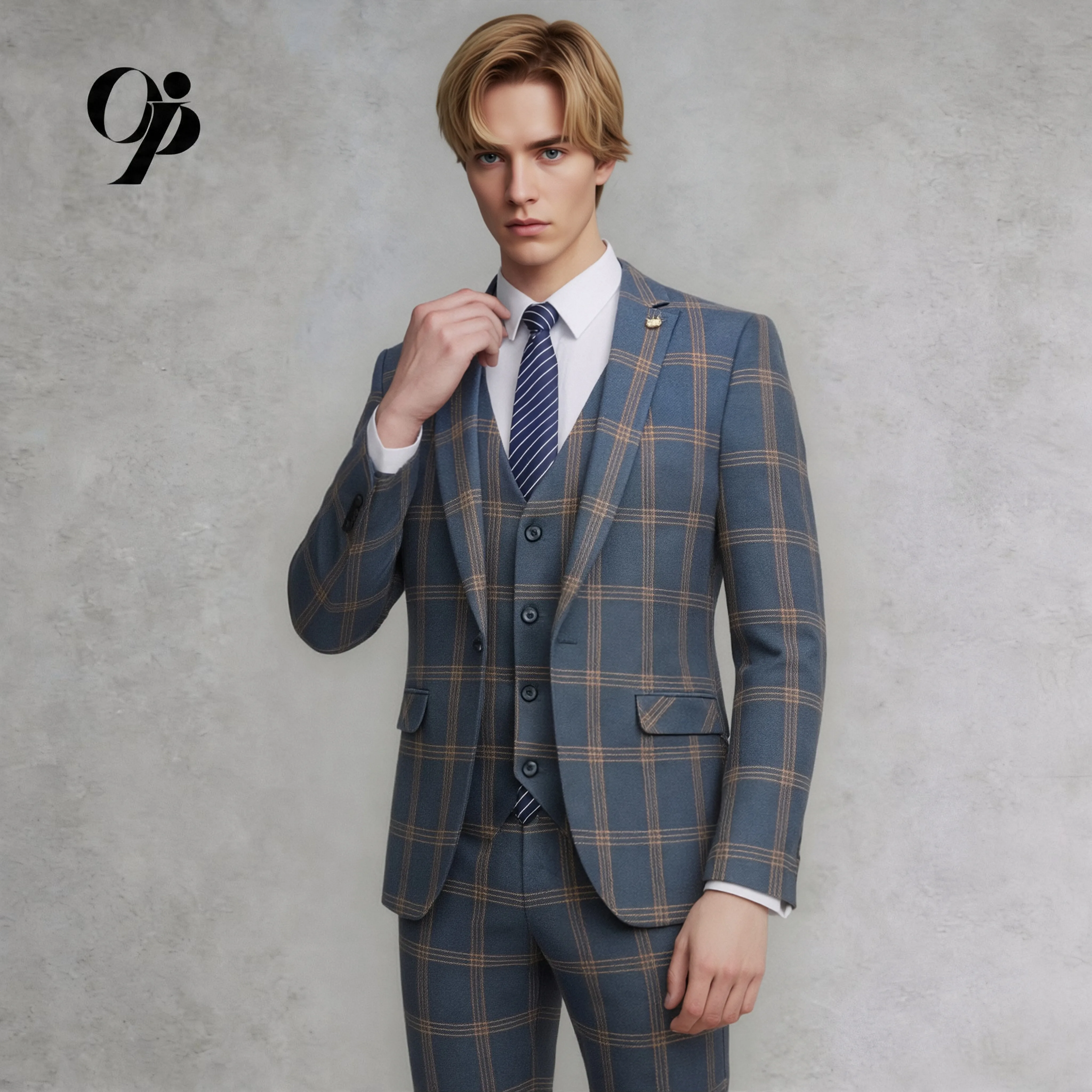 

Men's 3-Piece Dusty Blue Plaid Suit Slim Fit Notch Lapel - Formal Wedding Groom Tuxedo Set (Jacket + Vest + Pants)