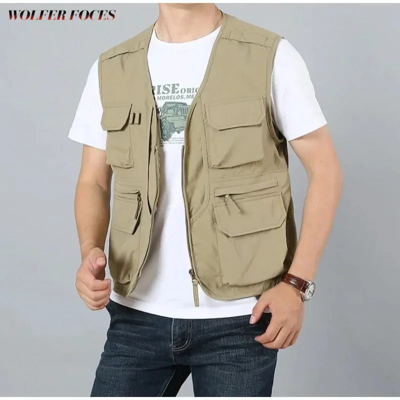 Sleeveless Men's Clothing Multipocket Vest Man Camping Windbreaker Jacket Fishing Leather Vests Luxury Big Size Clothes Work Zip